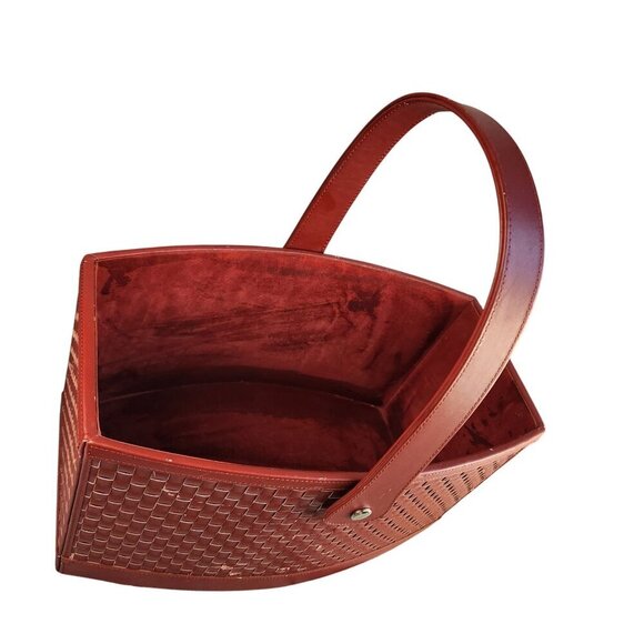 Woven Faux Leather and Wood Basket With Handle - Rectangular Design Deep Red Col - Picture 13 of 14